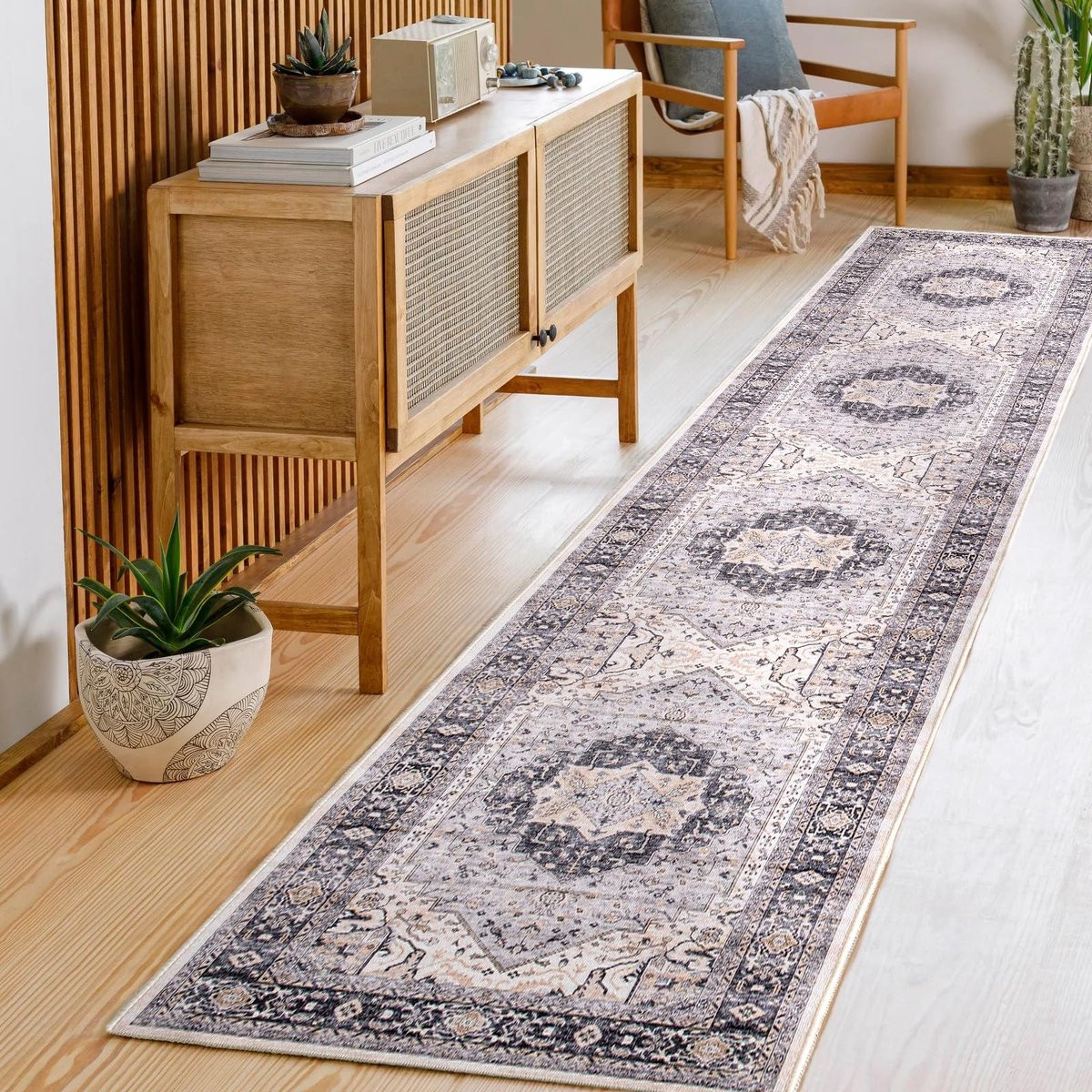 Wasbare hal tapijt runner met vintage oosters medaillon design van polyester