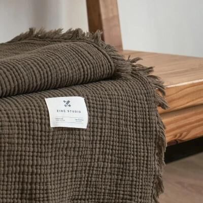 Uplifted Goods Four Layer Cotton Gauze Blanket With Tassel Edges dark Green 200x230 Cm