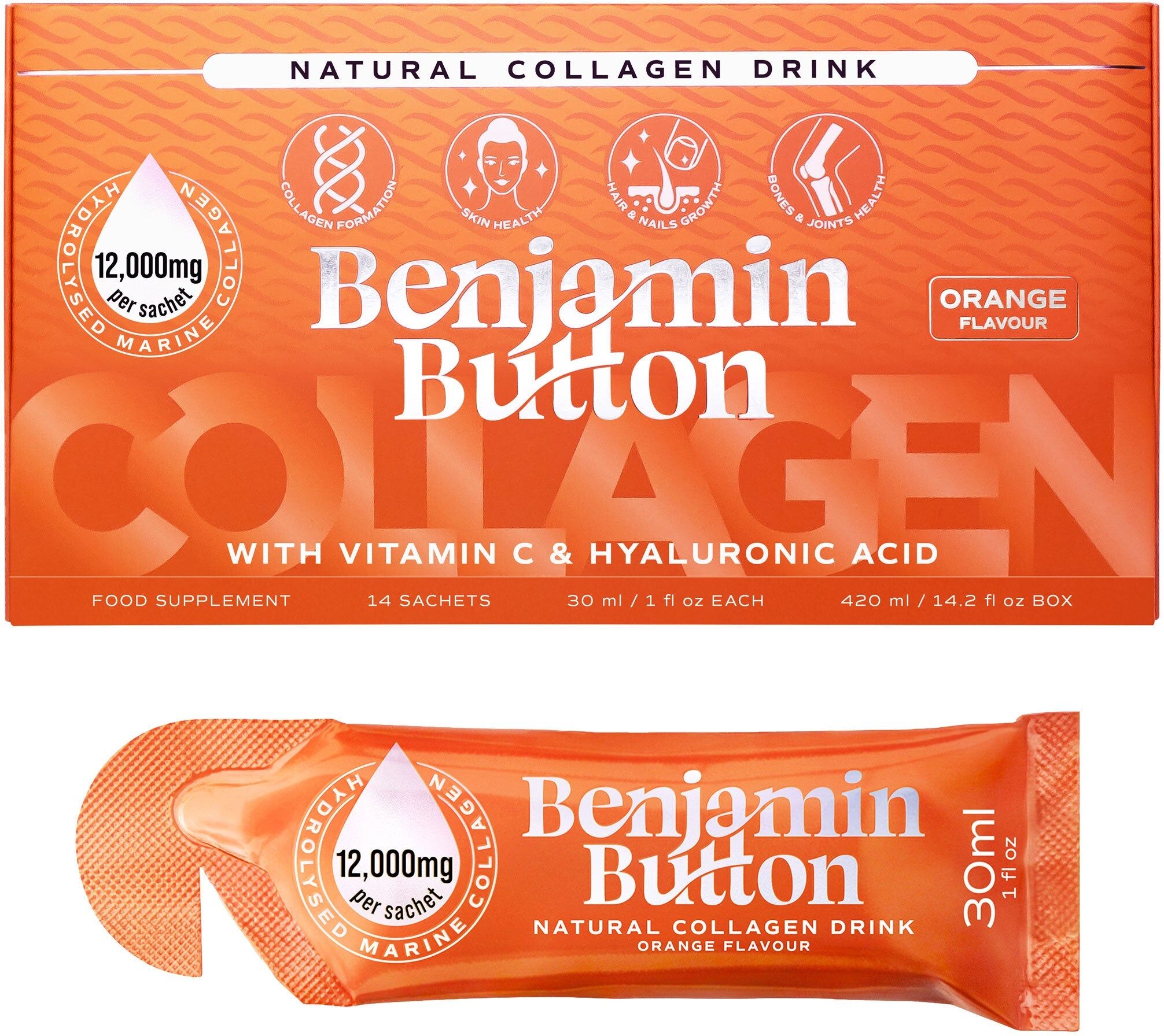 Benjamin Button Marine Collagen Liquid Sachets - 12,000mg - Orange