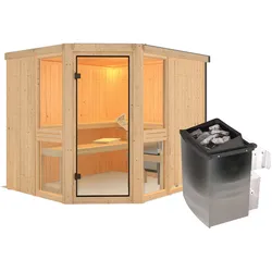 Karibu Amelia 3 - Sauna mit Eckeinstieg 68 mm-9 kW Ofen integr. Steuerung-ohne Dachkranz
