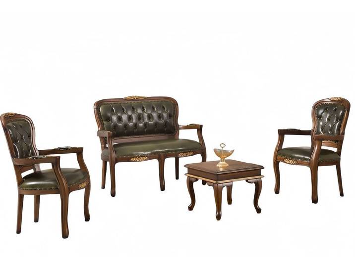 Xlmoebel Chesterfield-Sofa XLMOEBEL Chesterfield Sofa Set aus grünem Leder mit Holzgestell, Sofa-Set 4 Teile, Made in Europa
