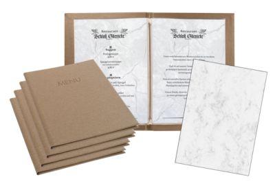 Sigel Sparset, 5 Speisekartenmappen mit 10 Transparenthüllen, 100 Motivpapieren "Grauer Marmor", beige