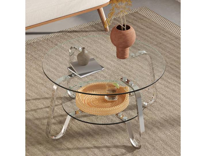 MODFU Couchtische Rund ohne Ecken,Wohnzimmertisch mit Zweistufige Glasflächen und Metallgestell,Beistelltisch oder Sofatisch,Silber
