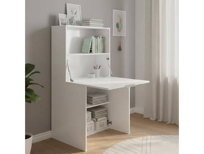 Dmora Schreibtisch mit versteckter Platte, Made in Italy, Schrank mit Regalen und Arbeitsplatte, Platzsparender Kleiderschrank, cm 70x35h140, Farbe Weiß glänzend
