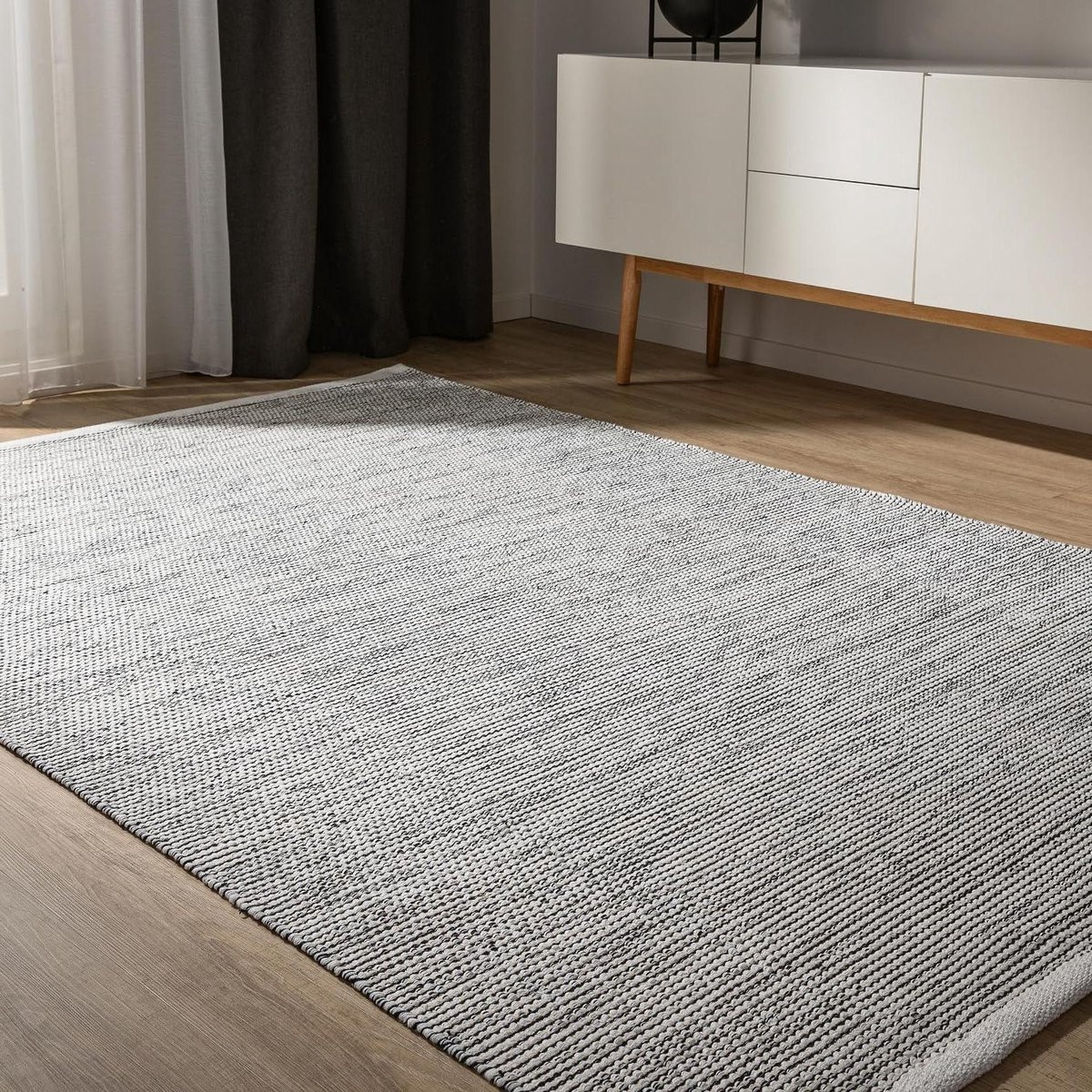 Handgeweven katoenen vloerkleed in rustieke stijl, rechthoekig, beige zwart