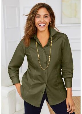 Plus Size Women's Stretch Cotton Poplin Button Down Shirt by Jessica London in Dark Olive Green (Size 18 W) Button Down Blouse