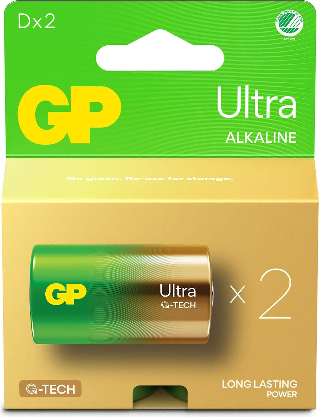 GP Batteries Ultra Alkaline GP13A wegwerpbatterijen, type D, LR20, 1,5 V, 2 stuks