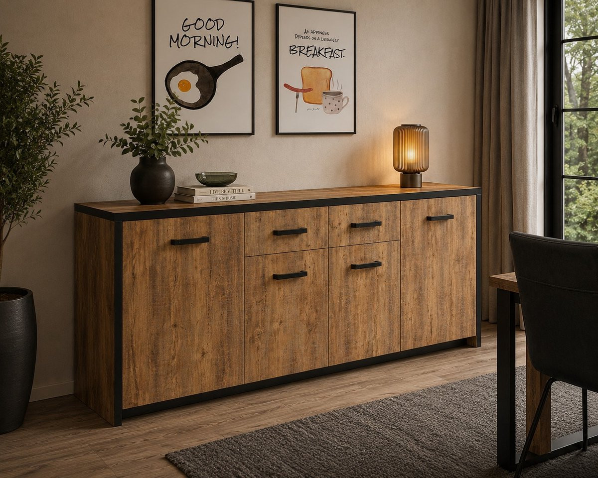 Belfurn Buffet-dressoir Eunice Mango Bruin en Zwart Industrial