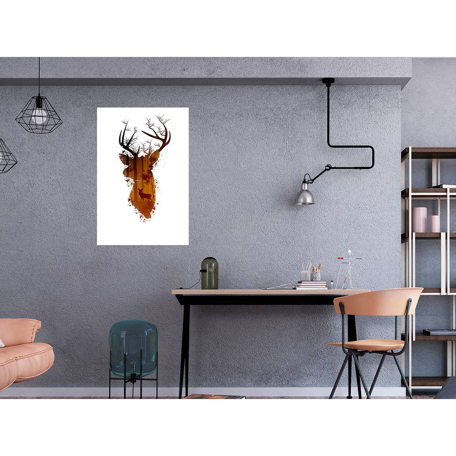 home24 Deer in the Morning wanddecoratie, wit en meerkleurig, 80 x 120 cm