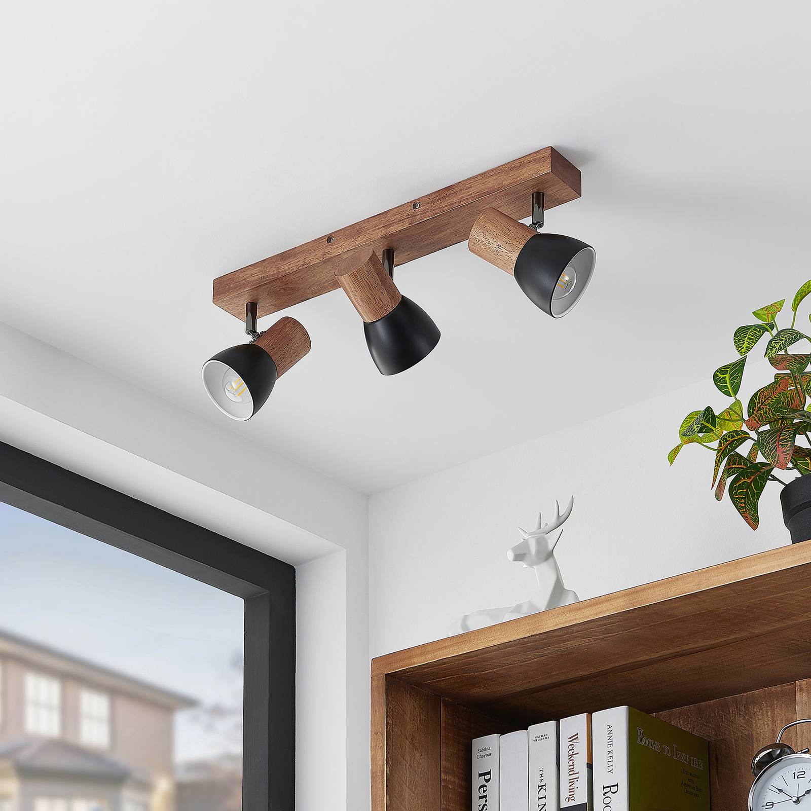 Lindby downlight Tonja, 3-bulb, 55 cm, wood, steel Tonja Lindby, dimmable, Light wood, Living / Dining Room, metal, Modern, Ceiling Light
