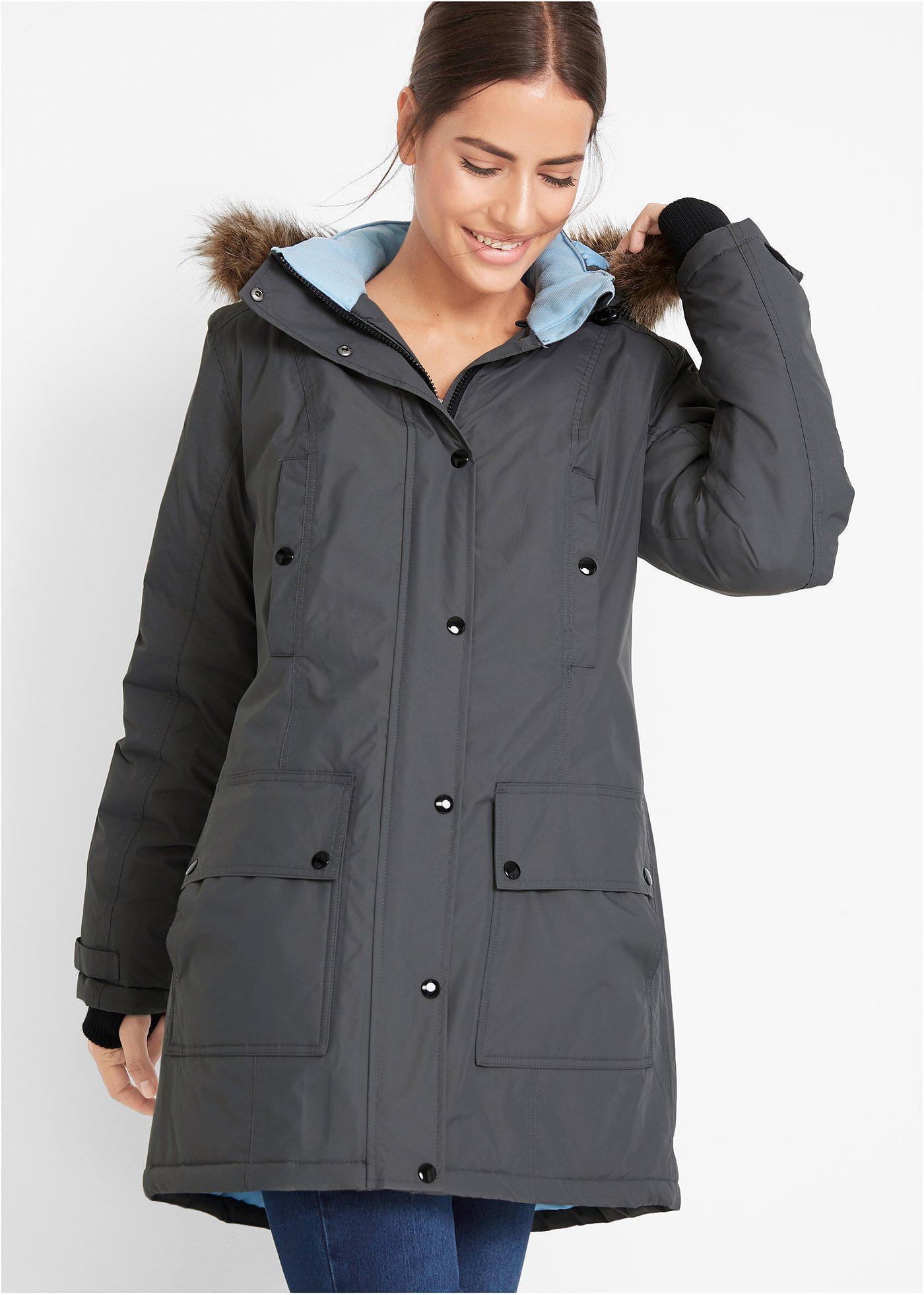 bonprix wasserdichte Funktions-Outdoor-Longjacke mit Kapuze, grau, Gr.40, Praktische Regenjacke mit abnehmbarer Kapuze für Outdoor-Aktivitäten
