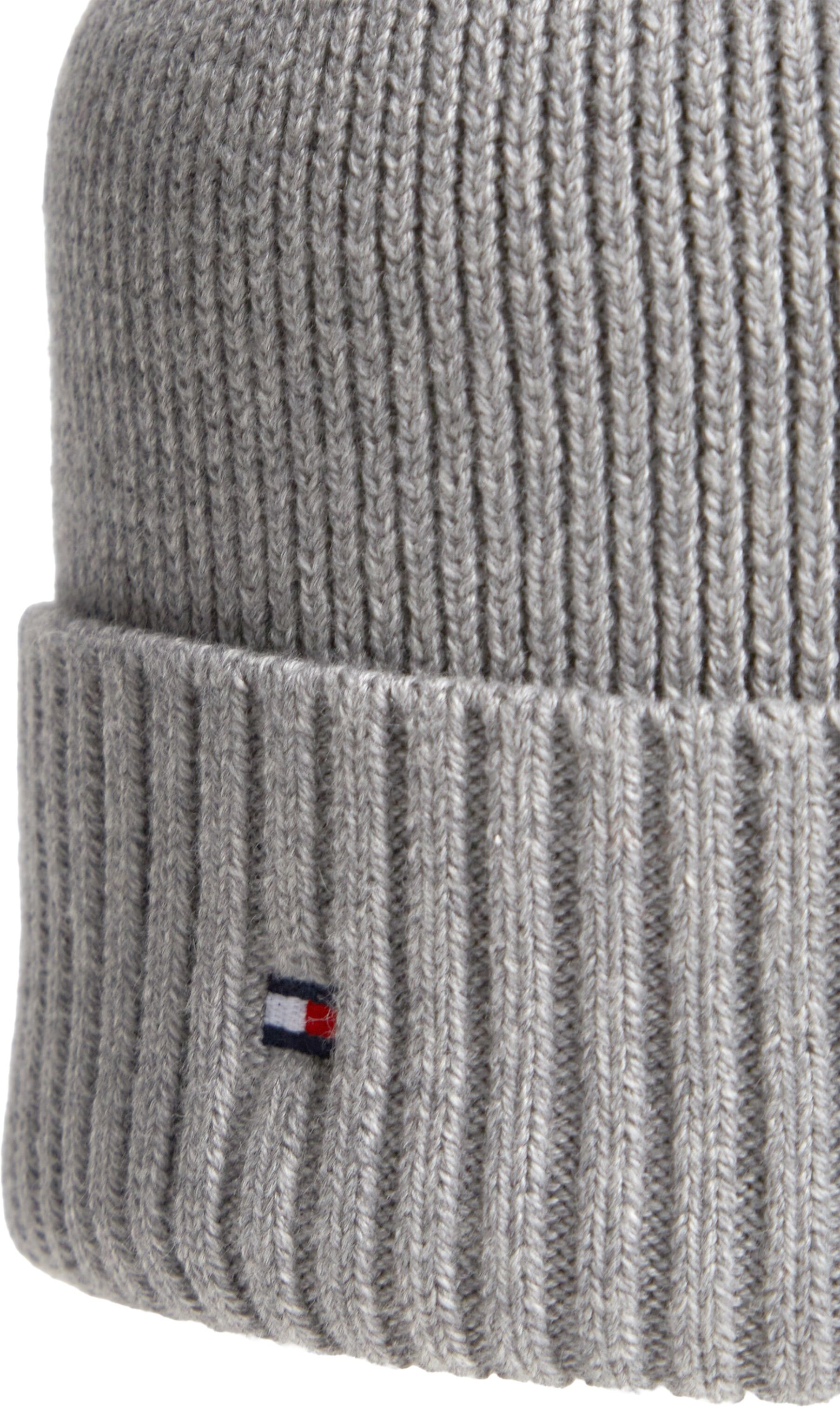 Strickmütze TOMMY HILFIGER "TH FLAG PIMA COTTON BEANIE", grau (medium grau heather), Baumwollmischung, Mützen Strickmütze, Beanie mit Logostickerei, mit Kaschmiranteil Unisex medium grau heather Einheitsgröße