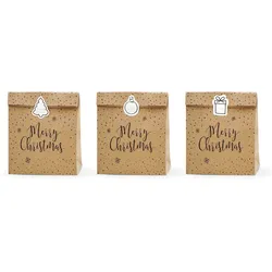 PartyDeco 3 Geschenktüten 11x25x27cm Merry Christmas Bodenbeutel zum Befüllen Papiertüten Weihnachten Geschenkverpackung Mitgebsel Tüten Natur Braun