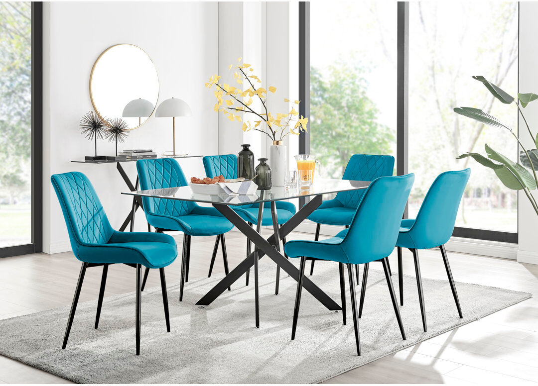 Canora Grey Lenworth Glass Rectangular Dining Table Set with 6 Luxury Velvet Chairs Blue/Black/Black 6
