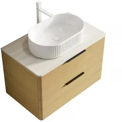 OKWISH Badezimmer-Waschtisch 62×75×46 cm mit ovalem Waschbecken aus Keramik, Travertin-Sintersteinplatte, gebogene Kanten, Corolla Eiche