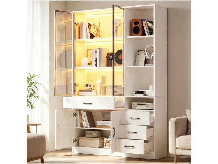 Bibliothèque-vitrine 120x35x200 cm avec éclairage LED 4 tiroirs et portes vitrées blanche - LIMDUR