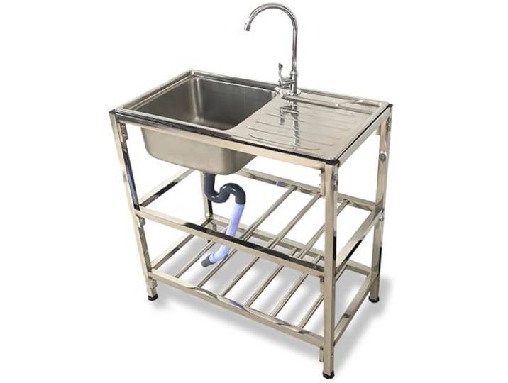 Outdoor Spüle mit Werkbank und Lagerregal Garten Waschbecken für Draußen Spüle Edelstahl mit Wasserhahn Camping Mobiles Freistehend Waschbecken Küche Spülbecken(Single Cold,Double-layered)