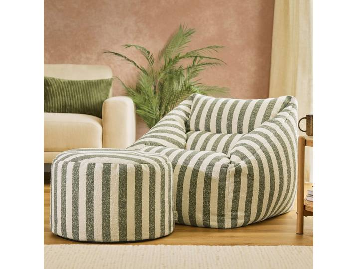 Pouf fauteuil avec repose-pied rond bouclette rayée, vert olive