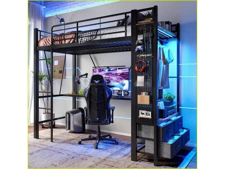 Lits Cadres & Supports - Lit Surélevé 90x200cm Cadre Fer Bureau Rangement LED - Noir