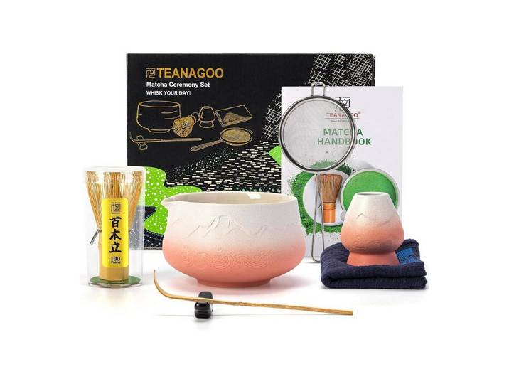 LuxusKollektion Teeservice Matcha Set 7tlg. Orange/Weiss Keramik Bambus