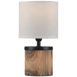 Just Light, Tischlampe, LED Tischlampe Root Holzdekor, Textilschirm weiss 26cm (E14)
