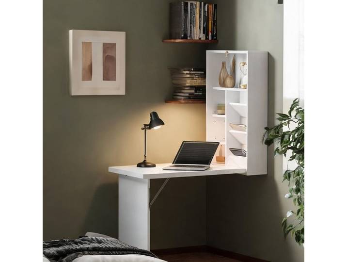 Bureau mural rabattable blanc 93 8 x 60 x 147 cm avec étagères et tableau liège