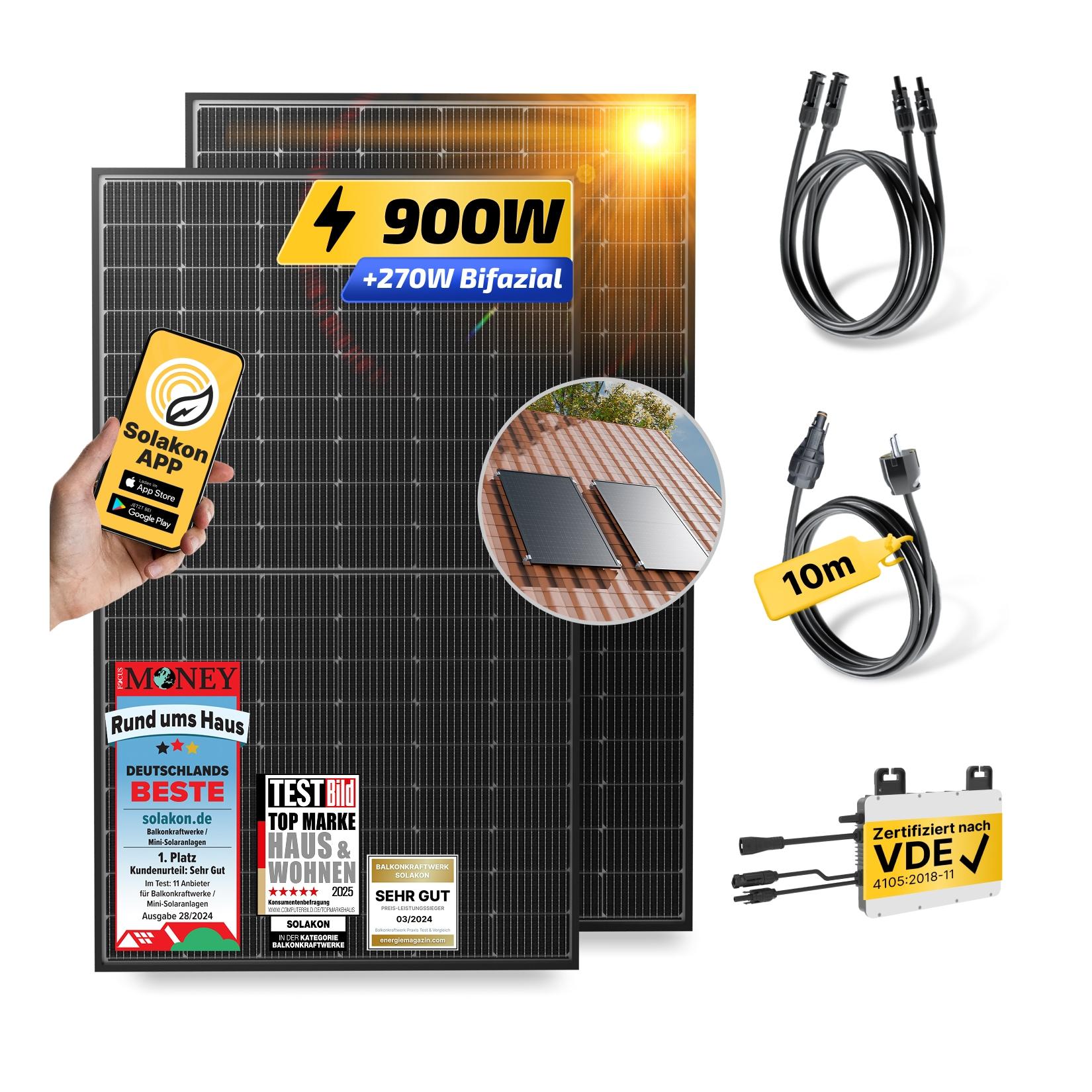 Balkonkraftwerk 900W/800W Solaranlage mit Dach Halterung (Einzelmontage) Halterung Steckerfertig WIFI Komplettset Photovoltaik Anlage 800W, Kabellänge: 10m