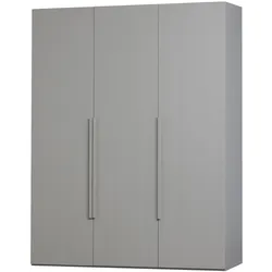 Kleiderschrank Rens Holz, modern mit 3 Türen und Schubladen, hellgrau, Nussbaumdekor