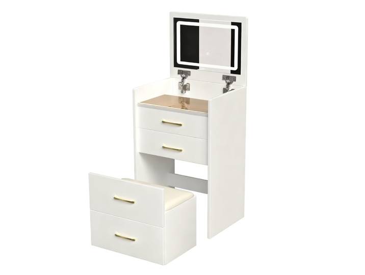 Coiffeuse blanche avec miroir LED rabattable et tabouret assorti