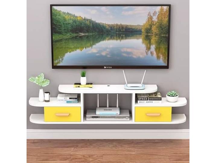 lowboard Schwimmender TV-Ständer, wandmontiertes Entertainment-Center, groß Aufbewahrung mit verschiebbaren offenen Regalen auf der Tischplatte