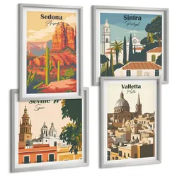 BILDER SET 4er Set - 50x50 cm & 40x60 cm Silberner Rahmen - Retro-Stadtansichten Sedona Sintra
