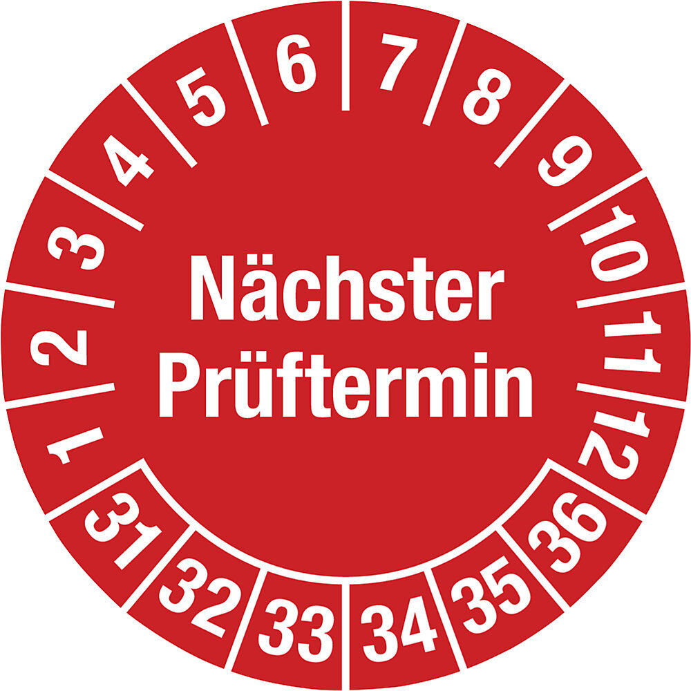 kaiserkraft Nächster Prüftermin, Mehrjahreszahlen, Dokumentenfolie für ölhaltige Untergründe, Ø 30 mm, VE 10 Stk, 31 - 36, rot