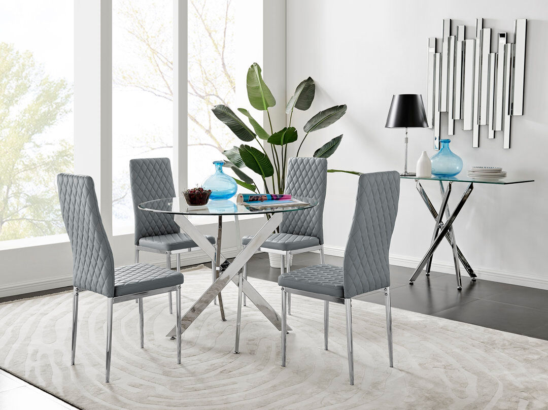Canora Grey Tierra Modern Metal & Glass Round Dining Table Set with 4 Quilted Faux Leather Chairs Grey/Silver 4