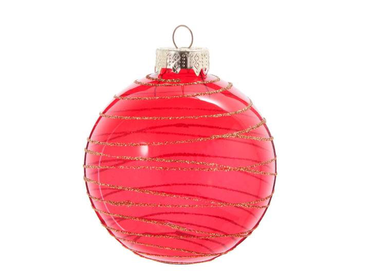 Weihnachtskugel aus Glas, rot mit goldenen Streifen