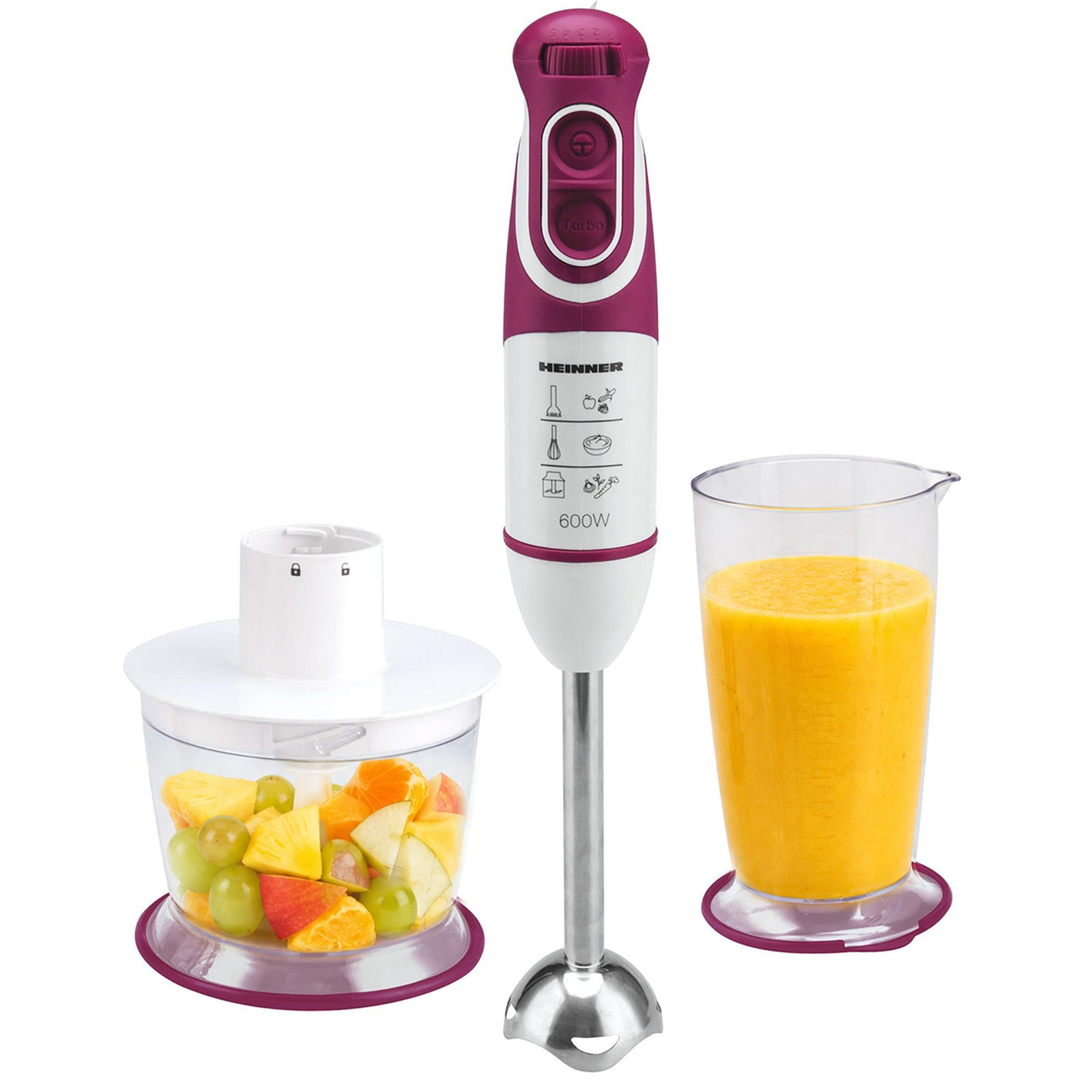Heinner HB-600BG Dompelstokmixer, 600 watt, 1 liter, Bourgognekleur, wit