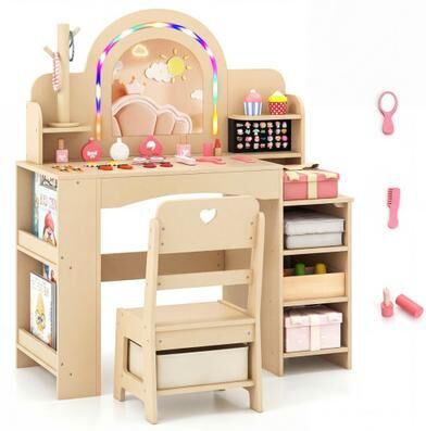 Costway Kids Vanity Set with Colorful LED Lights Princess Makeup Dressing Table with Chair-Natural