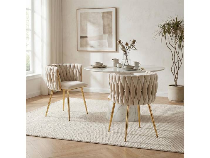 LVHOM Esszimmerstühle Samtbezug Wohnzimmerstuhl 2er Set Polstertuhl Geflochtener Stil, Esszimmer Stuhl, Goldene Metallrahmen, Ivory