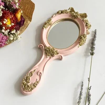 Fusion Finds Vintage Handheld Makeup Mirror With Handle Elegant Resin Vanity Mirror For Makeup, Dress Up & Gifts pink