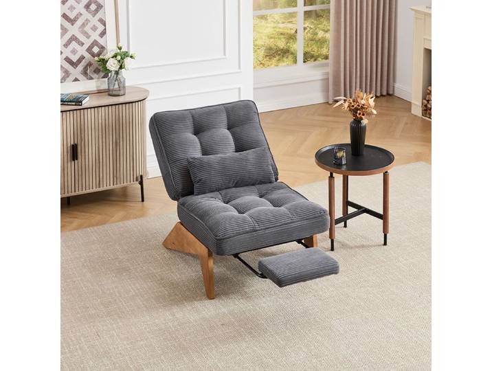 Fauteuil lounge - Moderne réglable - Velours côtelé gris foncé - Dossier réglable - Repose-pieds & coussin lombaire
