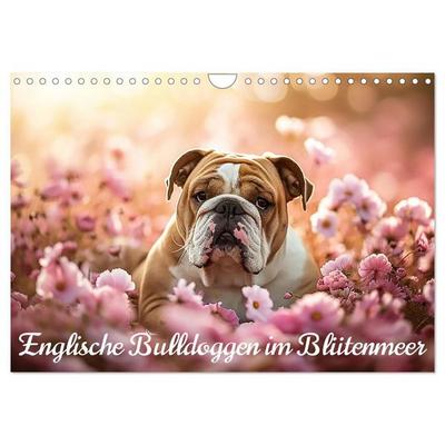 Englische Bulldoggen im Blütenmeer (Wandkalender 2027 DIN A4 quer), CALVENDO Monatskalender