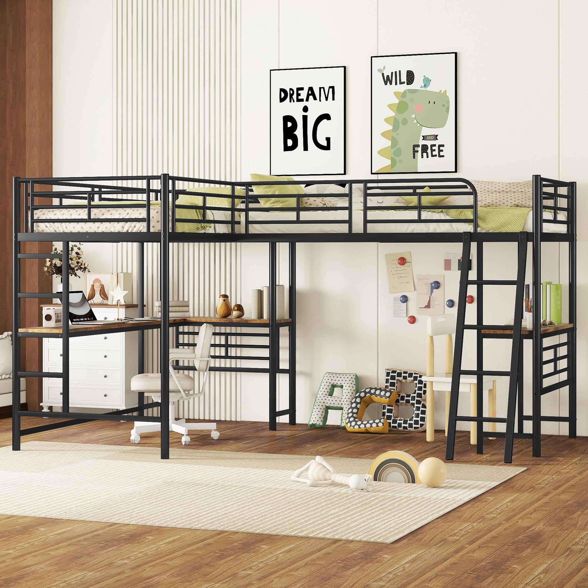 Merax Etagenbett Hochbett 90x200 cm, mit Tisch unter dem Bett, Doppeltreppe, hohes Geländer, 2 Etagenbetten, Metall Kinderbett, Jugendbett, Schwarz