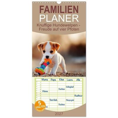 Familienplaner 2027 - Knuffige Hundewelpen - Freude auf vier Pfoten mit 5 Spalten (Wandkalender, 21 x 45 cm) CALVENDO
