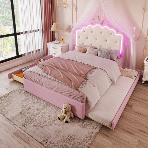 AIORBER Polsterbett, 140x200 cm, mit Lattenrost und 2 Schubladen, mit ausziehbarem Rollbett, Kronprinzessinnenform, Bett mit LED, Kinderbett, Rosa