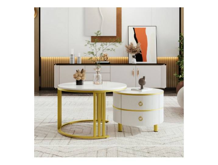 ANYSUN Satztisch Couchtisch 2er-Set rund, 2 Schubladen, Marmoroptik & Rillenoptik, Platzsparend, flexibel kombinierbar & bis 80 kg belastbar