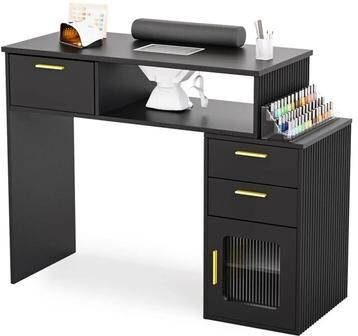 No Nail Manicure Table with Fluted Glass Storage Cabinet, Built-in Electric Dust Collector and Detachable Wrist Rest,