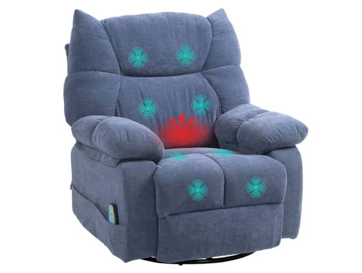 HOMCOM Relaxsessel mit Massagefunktion und 8 Vibrationspunkten, Blau Fernsehsessel, Heizfunktion, Wippfunktion, Drehbarer Liegesessel, Fernbedienung, Seitentasche