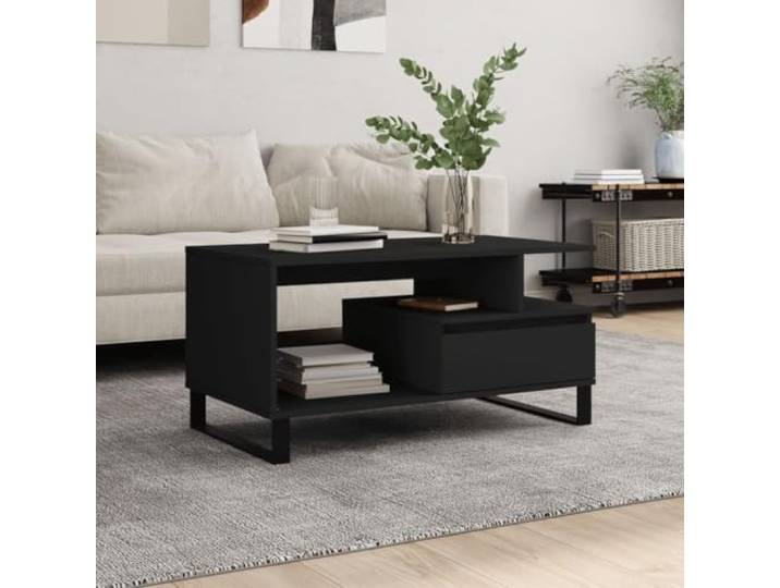 Couchtisch Schwarz 90x49x45 cm Holzwerkstoff mit Schublade und Metallbeinen Feuchtigkeitsbeständig, pflegeleicht, moderne Optik, stabiler Stand, vielseitig nutzbar
