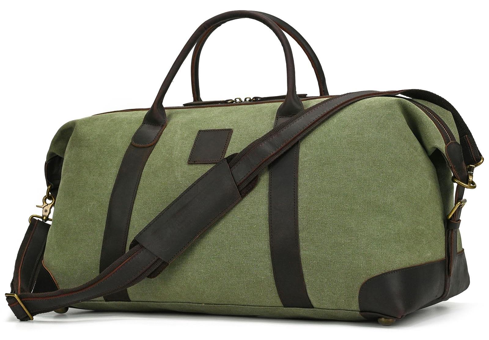 Vintage Reisgepäck aus echtem Leder, Uni Wochenendtasche, 50 Liter, Grün-Dunkelbraun