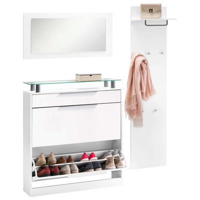 Garderoben-Set BORCHARDT MÖBEL "Oliva", weiß (weiß matt, weiß matt), Kastenmöbel-Sets, (3-tlg), mit stehendem Schuhschrank, Paneel und Spiegel