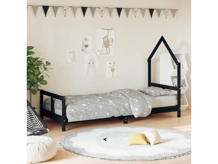 LPERTGFHU Kinderbett Massivholz Kiefer 80x200 cm Jugendbett Schwarz Rustikale Maserung, Hausbett-Design, Stabile Holzlatten, Ab 4 Jahren